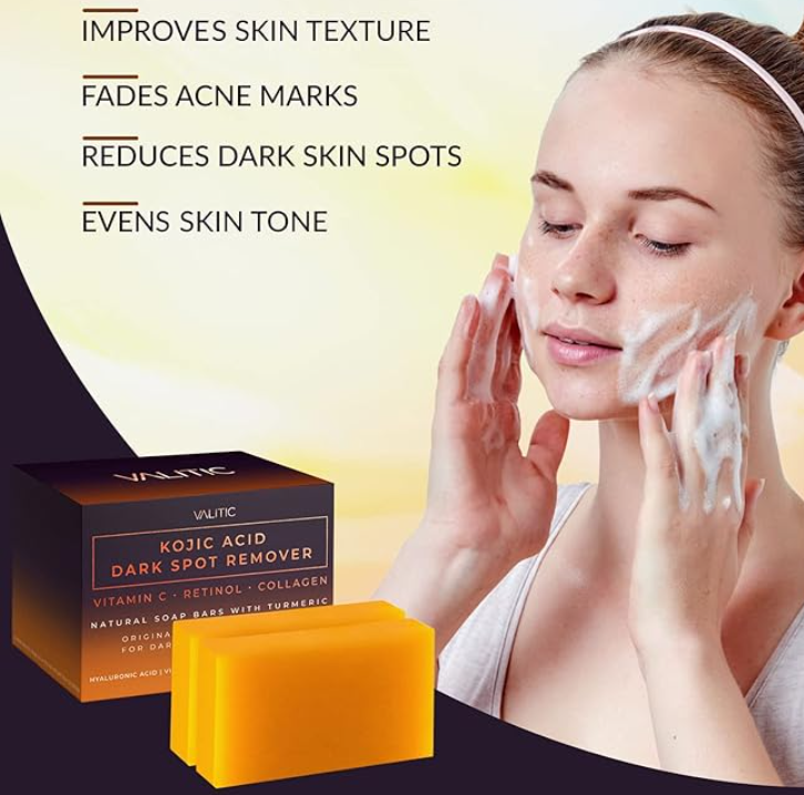 VALITIC Kojic Acid Dark Spot Remover Soap Bars with Vitamin C, Retinol, Collagen, Turmeric - Original Japanese Complex Infused with Hyaluronic Acid, Vitamin E, Shea Butter, Castile Olive Oil (2 Pack)