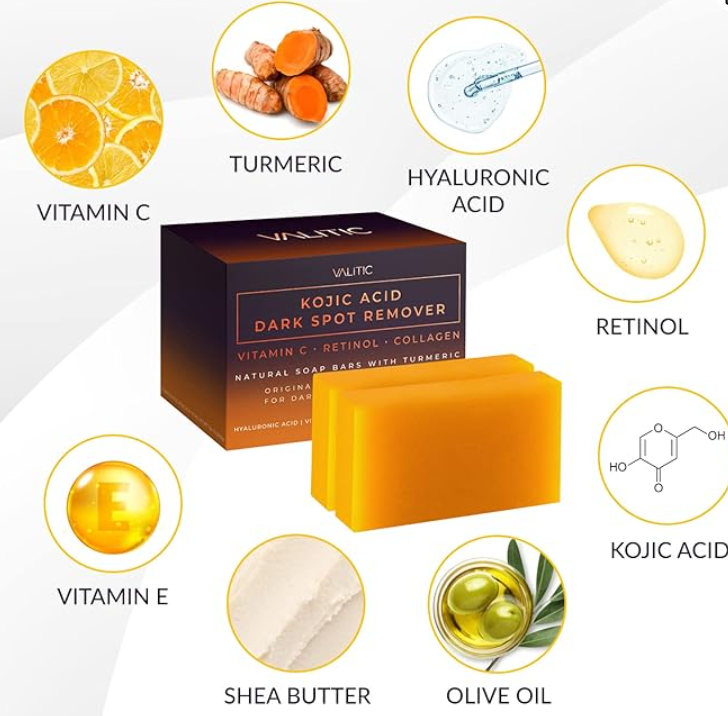 VALITIC Kojic Acid Dark Spot Remover Soap Bars with Vitamin C, Retinol, Collagen, Turmeric - Original Japanese Complex Infused with Hyaluronic Acid, Vitamin E, Shea Butter, Castile Olive Oil (2 Pack)