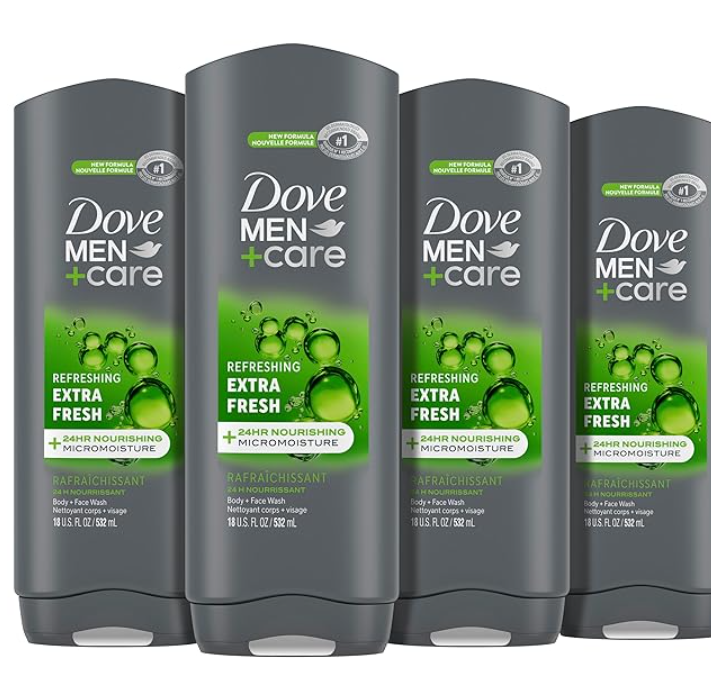 Dove Men+Care Body Wash Extra Fresh 4 Count for Men's Skin Care Body Wash Effectively Washes Away Bacteria While Nourishing Your Skin 18 oz